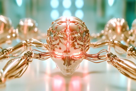 Cybernetic head with elaborate wiring and shining eyes positioned in a high-tech environment. Luminous background enhances futuristic aesthetics.の素材