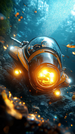 Submarine maneuvering through underwater terrain with bright lights showcasing surrounding marine life and rocks. Deep sea exploration setting with vibrant colors.の素材