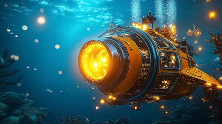 Submarine navigating through vibrant coral reef under blue ocean water. Submarine emits light exploring underwater life. Concept of marine research, adventure travel, ocean conservation.の素材
