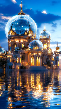 Enchanting palace with gleaming domes reflecting on calm water during twilight. Dreamlike setting with illuminated architecture creates a mystical atmosphere.の素材