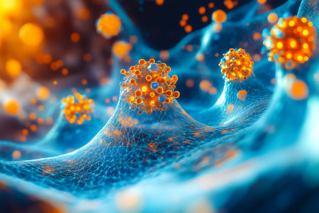 Virus particles interacting with cells in a vibrant digital environment. Intricate details of microscopic structures and colors create an engaging visual.の素材