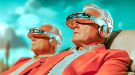 Seniors wearing virtual reality headsets engage in immersive experience while seated in futuristic chairs. Vibrant, colorful setting evokes innovation and technology concepts.の素材