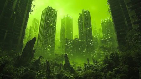 Urban landscape with towering buildings covered in lush greenery. Eerie glow envelops the scene, creating a mysterious atmosphere. Concept of environmental transformation, urban decay, resilience.の素材