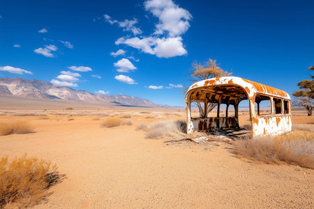Rusted abandoned bus sits in expansive desert landscape with mountains in background. Clear blue sky dotted with clouds enhances rugged scenery. Concept of exploration, travel, adventure.の素材