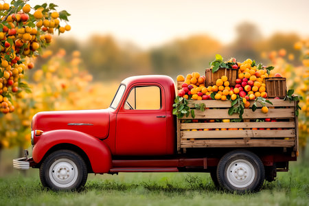 Red truck filled with fresh assorted fruits parked among lush orchard trees. Beautiful golden hour light highlighting colors. Concept of agriculture, fruit delivery, local farming.の素材