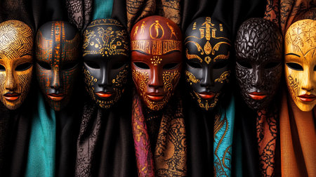 Diverse collection of handcrafted African tribal masks arranged in a vibrant setting. Rich textures create an artistic display conveying cultural significance. Concept of art, culture, decor.の素材