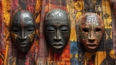 Three intricately crafted masks arranged against a vibrant textile backdrop. Each mask represents unique cultural artistry. Concept of home decor, cultural heritage, art galleries.の素材