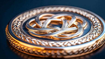 Detailed golden coin with ornate woven pattern emphasizing craftsmanship. Dark reflective surface enhances visual appeal. Concept of collectibles, jewelry design, luxury items.の素材