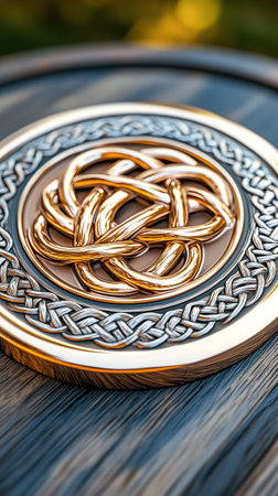 Emblem showcasing a detailed golden knot design prominently placed on wooden surface. Elegant crafting highlights design features. Concept of craftsmanship, decorative art, home decor.の素材