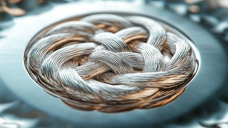 Intricate silver knot design created with fine metallic strands. Close-up view highlighting artistic craftsmanship and attention to detail. Concept of jewelry design, artisanship, metalwork.の素材