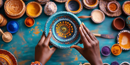 Hands shaping beautiful decorative bowl amidst vibrant pottery collection. Artisan workspace filled with colorful handmade bowls. Concept of craftsmanship, art, creativity.の素材