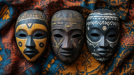 Three handcrafted masks arranged creatively on vibrant textile with intricate patterns. Focus on craftsmanship and cultural significance. Concept of art galleries, cultural exhibitions, craft fairs.の素材