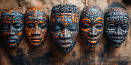 Colorful handcrafted African masks arranged in a line. Intricate designs and textures highlight cultural artistry. Artisan workshop setting with earth-toned backdrop.の素材