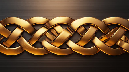 Golden braided design crafted with precision, set against textured dark background. Concept of luxury, craftsmanship, jewelry design, and fashion accessories.の素材