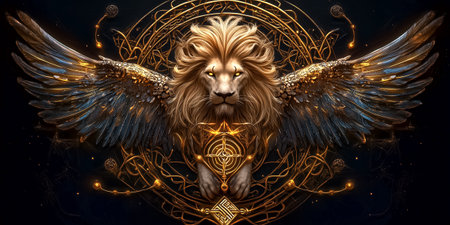 A lion with magnificent wings displays strength and nobility. Surrounded by complex golden patterns in a mystical dark background. Concept of fantasy art, mythical creatures, symbolism of power.の素材