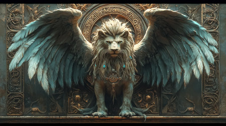 Winged lion statue stands majestically, showcasing intricate details and ornate features. Surrounded by a mystical backdrop, this artwork embodies art and mythology.の素材