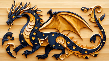 Dragon carved from wood displaying intricate scales and wings. Detailed craftsmanship shown on natural wood backdrop. Concept of artistry, fantasy design, home decor.の素材