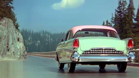 Classic car drives along winding mountain road. Pine trees line the route under a clear blue sky. Concept of adventure, nostalgia, travel, automotive industry, scenic routes.の素材