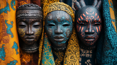 Handcrafted African masks highlighted with intricate designs showcased against colorful textiles. Cultural art display featuring craftsmanship and heritage. Concept of art, culture, decoration.の素材