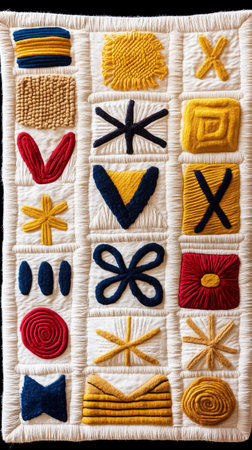 Textile artwork showcasing intricate geometric patterns in vibrant colors. Artwork prominently displayed against fabric backdrop. Concept of home decor, artistic expression, interior design.の素材