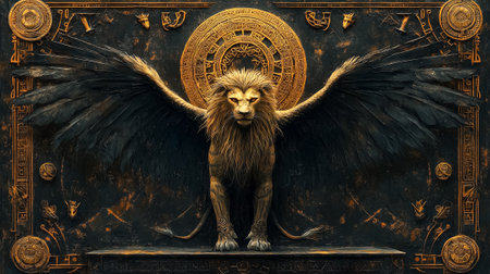 Lion with wings stands proudly against intricate black and gold background. The fierce expression conveys strength and majesty. Concept of art, mythology, digital creations.の素材