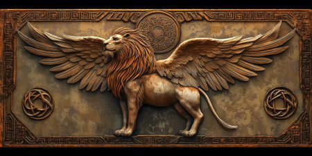 Winged lion sculpture displayed prominently against an ancient stone background. The intricate designs highlight the artistry and craftsmanship.の素材