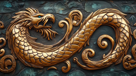 Golden dragon sculpture showcasing intricate details with swirling patterns. Artistic representation highlights craftsmanship in a decorative setting. Concept of art, mythology, home decor.の素材