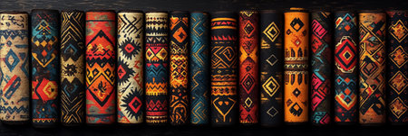 Colorful fabric rolls with intricate patterns arranged neatly on dark wooden surface. Creative workspace setting with emphasis on textile design. Concept of fashion, crafting, home decor.の素材