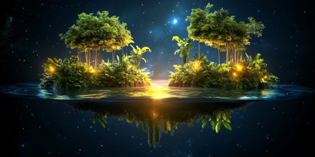 Lush floating island displaying vibrant greenery and tranquil water. Dusk setting with glowing lights among plants. Concept of nature, tranquility, landscape design.の素材