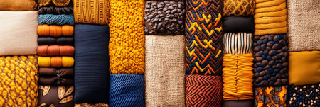 Collage of textile fabrics featuring rich textures and warm colors. Vibrant display of yellows, browns, and intricate patterns. Concept of fashion design, home decor, upholstery.の素材
