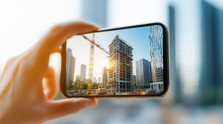 Hand holding smartphone capturing urban construction progress of high-rise building at golden hour. Modern city backdrop with cranes and glass structures.の素材
