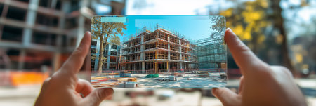 Hands holding smartphone to capture construction site featuring modern building with scaffolding and cranes. Clear skies enhance vibrant urban landscape.の素材