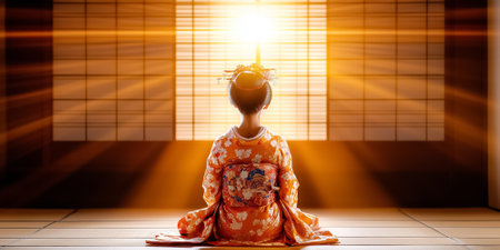Child sitting in traditional kimono in serene room, golden sunlight filters through shoji screen. Calm ambiance creating a sense of peace. Concept of culture, serenity, heritage.の素材