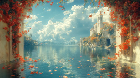 Serene lake view surrounded by vibrant flowers reflecting in calm water. Beautiful mountainous landscape under dramatic clouds. Concept of nature beauty, landscape photography, travel inspiration.の素材