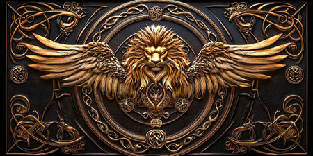 Lion with majestic wings surrounded by intricate patterns and rich colors. Ornate design displays bold textures and regal imagery. Concept of artistry, mythology, and symbolism in decor.の素材