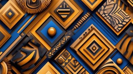 Colorful textured geometric patterns in gold and blue tones create an artistic design. Modern aesthetic suitable for interior decor. Concept of creative design, art industries, home decor.の素材