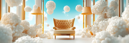 Chic armchair positioned in an airy space with fluffy clouds and soft lighting. Bright blue sky enhances serene atmosphere. Concept of interior design, relaxation, creative spaces.の素材