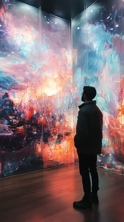 Man standing in art gallery observing colorful abstract artwork displayed on walls. Immersive experience with vivid hues creating dynamic atmosphere.の素材