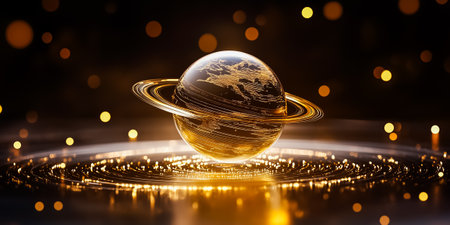 Golden globe planet with rings shining. Cosmic setting featuring a glowing backdrop of bokeh lights and stars. Concept of astronomy, space exploration, visual artsの素材