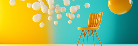 Yellow chair placed against teal and yellow backdrop with floating white spheres. Contemporary design setting for creative inspiration. Concept of furniture design, interior decor, modern art.の素材