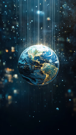 Earth illuminated with city lights in cosmic space setting. Colorful background with particles creates a futuristic atmosphere. Concept of technology, environmental awareness, space exploration.の素材