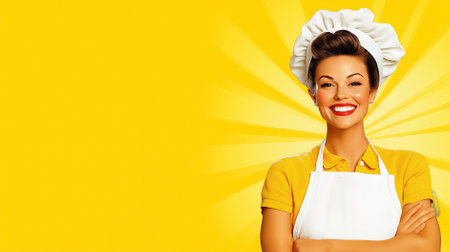 Woman in chef uniform smiling at camera with bright yellow background. Energetic and cheerful setting conveys passion for cooking. Concept of culinary arts, cooking classes, food industry.の素材