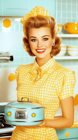 Woman smiling while holding blue cooking pot in colorful retro kitchen with yellow accents. Bright cheerful setting with playful decor. Concept of home cooking, vintage style, culinary arts.の素材