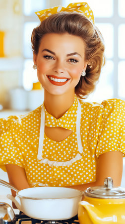 Woman smiling while preparing meal in bright kitchen. Cheerful setting with vintage decor and yellow colors creates inviting atmosphere. Concept of home cooking, culinary arts, nostalgia.の素材