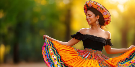 Woman dancing joyfully in colorful traditional dress. Bright sunlit background enhances vibrant patterns and expressive movements. Concept of cultural celebration, dance events, fashion.の素材