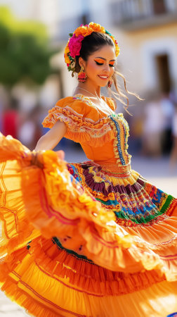 Woman twirling in flowing orange dress adorned with colorful embroidery. Celebration in lively square with onlookers enjoying culture and community.の素材