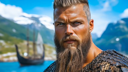 Strong man with a stylish beard looks at camera in vibrant fjord setting. Lush mountains and a Viking ship create a backdrop that evokes adventure. Concept of history, exploration, and tourism.の素材