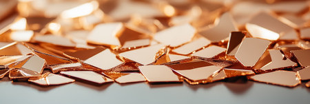 Shimmering golden shards arranged artistically on smooth reflective surface. Dazzling effect enhances visual appeal in various artistic and design contexts. Concept of decor, design, art.の素材
