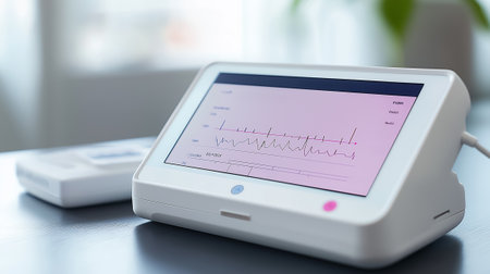 Medical device showing heart rate monitor readings on sleek digital screen. Professional setting with modern decor for healthcare professionals. Concept of healthcare, wellness, technology.の素材