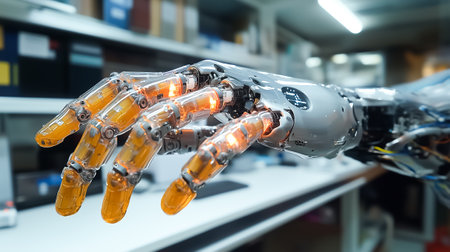 Robot hand extending with illuminated components, showcasing advanced engineering in a high-tech laboratory. Neat workspace with tools and gadgets. Concept of robotics, innovation, technology.の素材
